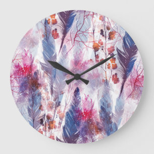 Boho Twigs and Feathers: Fashionable Artwork Large Clock