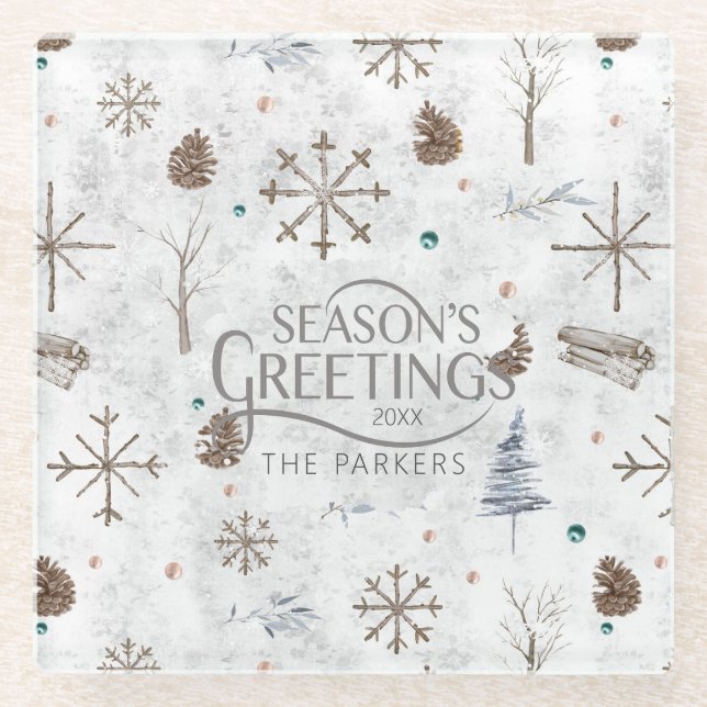 Boho Twigs & Pinecone Christmas ID986 Glass Coaster (Front)