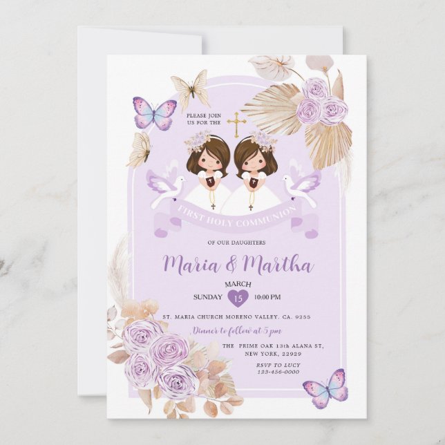 Boho TWIN Girl First Holy Communion Purple Flowers Invitation (Front)