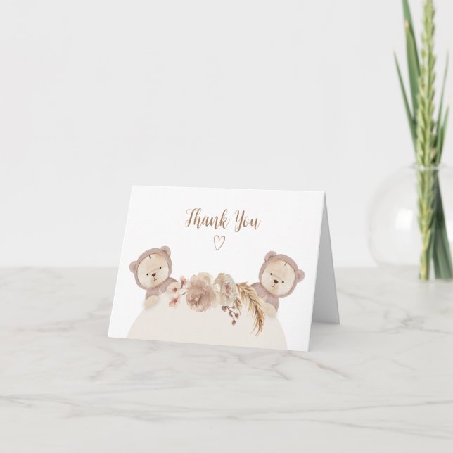 Boho Twins Teddy Bears Gender Neutral Thank You Card (Front)