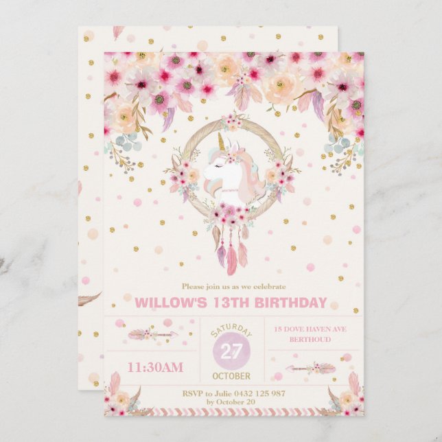 Boho Unicorn Birthday Floral Girl 1st Birthday Invitation (Front/Back)