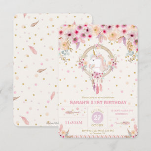 Boho Unicorn Birthday Floral Girl 21st Birthday Invitation
