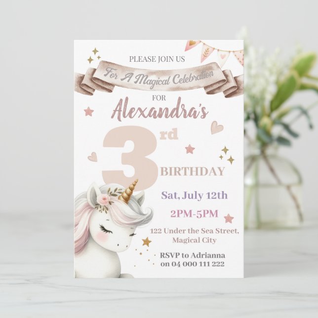 Boho Unicorn Magical Girl 3rd Birthday Invitation (Standing Front)