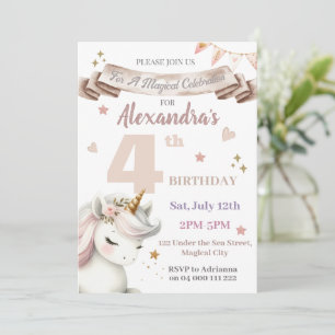 Boho Unicorn Magical Girl 4th Birthday Invitation