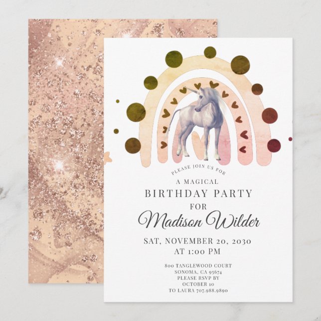 Boho Unicorn Rainbow Girl's Birthday Invitation (Front/Back)