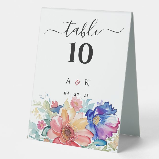 Boho Vibrant Flowers Table Number Tent Sign (Front)