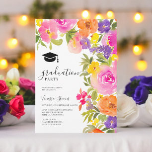 Boho vibrant garden watercolor flowers graduation invitation