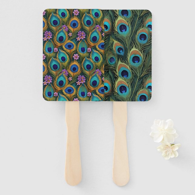 Boho Vibrant Peacock Feathers Florals Hand Fan (Front and Back)