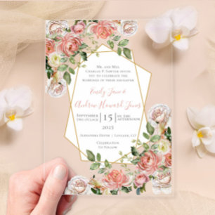 Boho Victorian Rose Geometric Gold Frame  Wedding  Acrylic Invitations