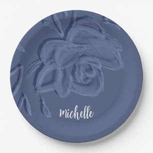 Boho Vintage Artistic Blue Flowers Paper Plate
