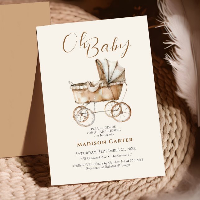 Boho Vintage Baby Carriage Baby Shower  Invitation (Creator Uploaded)
