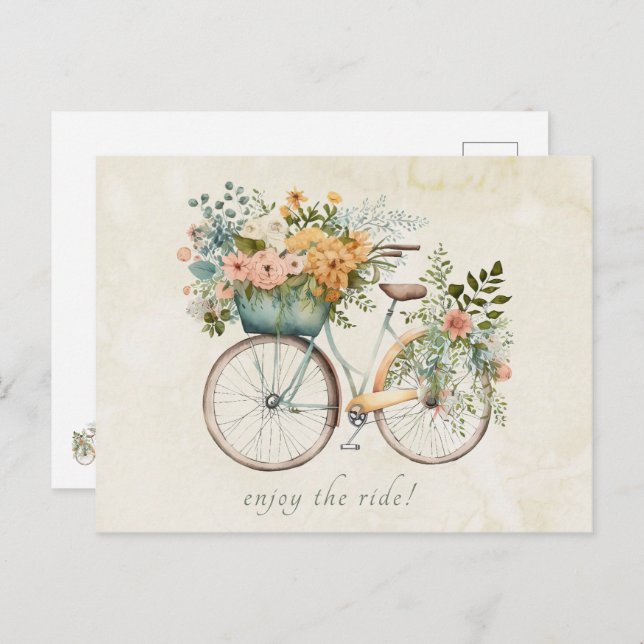 Boho Vintage Bicycle with Flower Basket Postcard (Front/Back)