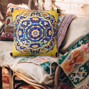 Boho Vintage Blue And Orange Floral Throw Pillow