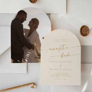 Boho Vintage Gold Photo Arch Spanish Wedding Invitation