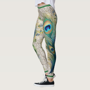 Boho Vintage Lace and Peacock Feathers Leggings