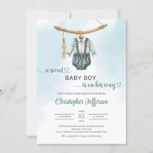 Boho vintage sage green neutral boy baby clothes invitation