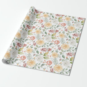 Boho Vintage Watercolor Roses and Greenery Pattern Wrapping Paper