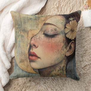 Boho Vintage Woman and Half Moon Cushion