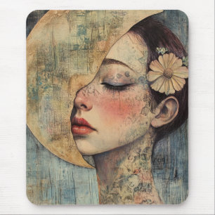 Boho Vintage Woman and Half Moon Mouse Pad