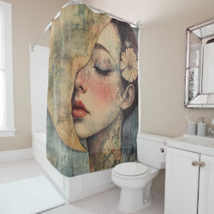 Boho Vintage Woman and Half Moon Shower Curtain