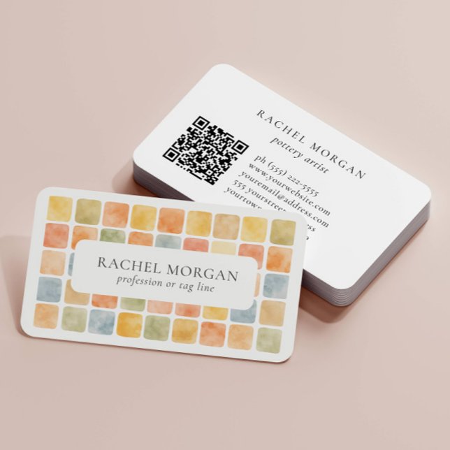 Boho Warm Pastel Tiles Pottery Clay QR CODE Business Card (Creator Uploaded)