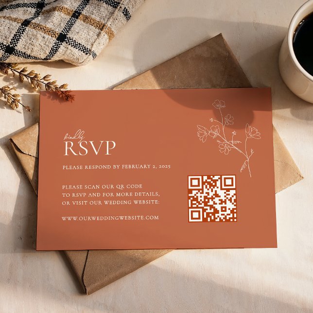 Boho Warm Sienna Terracotta Floral Qr Code Wedding RSVP Card (Creator Uploaded)
