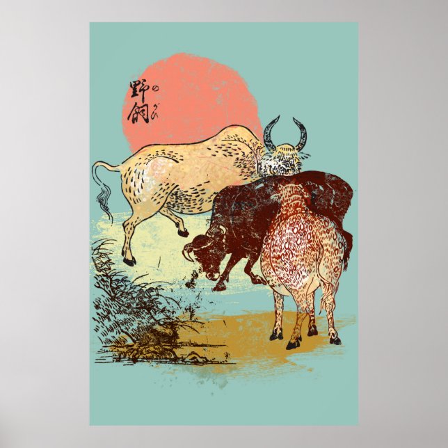 Boho water buffalos, asian style illustration poster (Front)