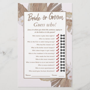 Boho Watercolo Dry Pampas Grass Bridal Shower Game