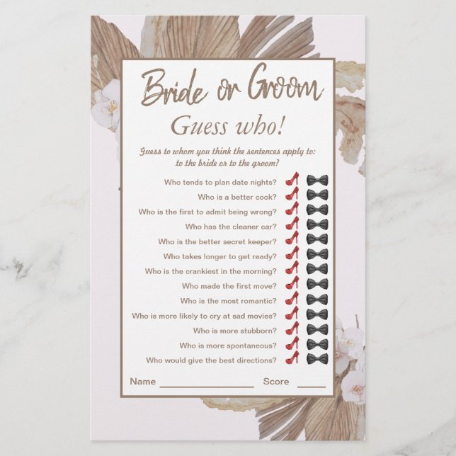 Boho Watercolo Dry Pampas Grass Bridal Shower Game (Front)