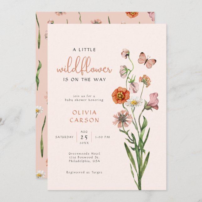 Boho Watercolor A little Wildflower Baby Shower Invitation (Front/Back)