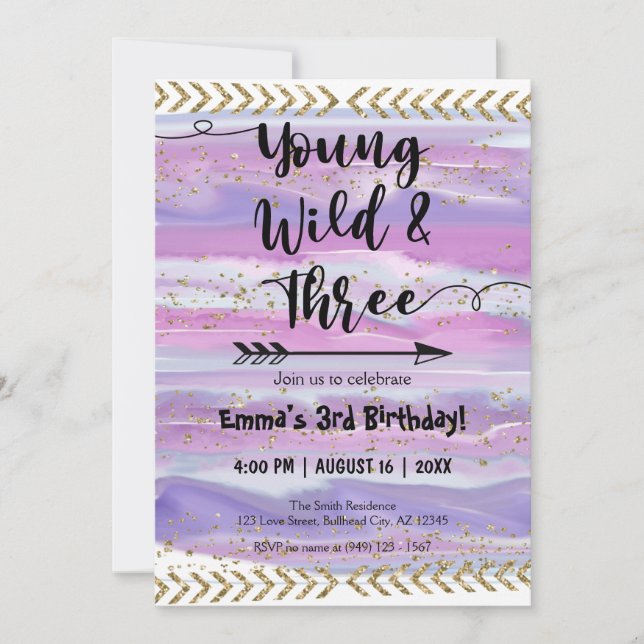 Boho Watercolor Arrow Young Wild Three Birthday In Invitation (Front)