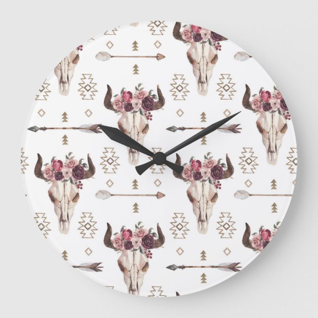 Boho watercolor: arrows, skull pattern. large clock (Front)