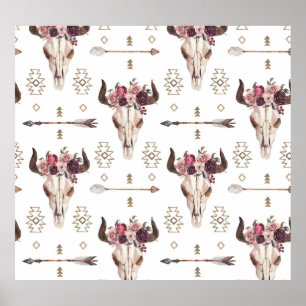 Boho watercolor: arrows, skull pattern. poster