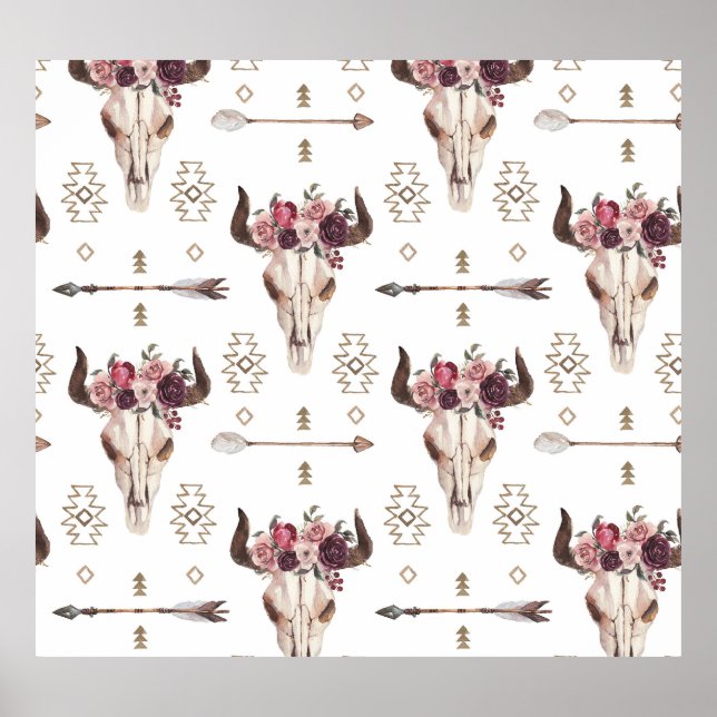 Boho watercolor: arrows, skull pattern. poster (Front)
