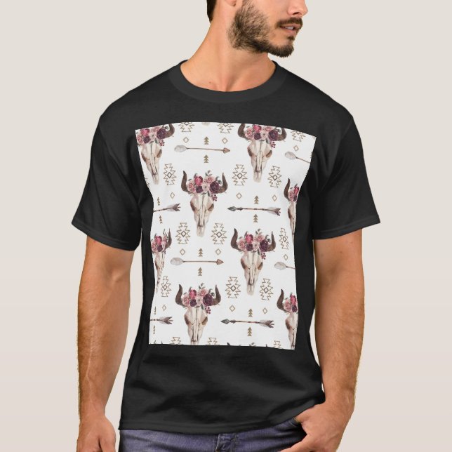 Boho watercolor: arrows, skull pattern. T-Shirt (Front)