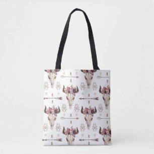 Boho watercolor: arrows, skull pattern. tote bag