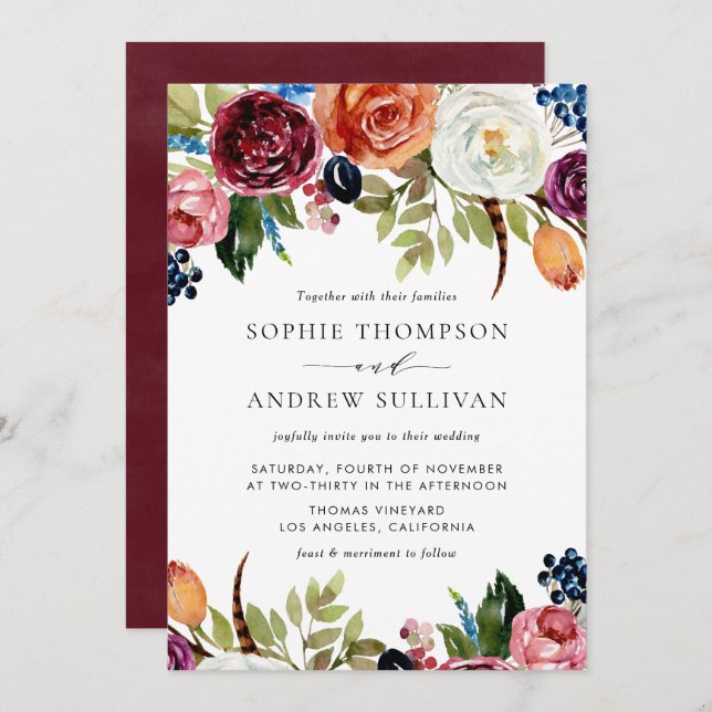 Boho Watercolor Autumn Blooms Wedding Invitation (Front/Back)