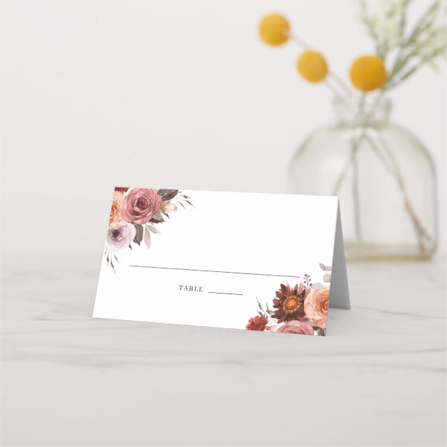 Boho Watercolor Autumn Floral Bouquet Wedding Place Card (Front)