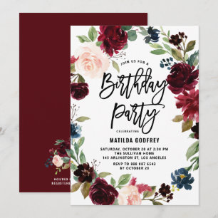 Boho Watercolor Autumn Floral Wreath Birthday Invitation