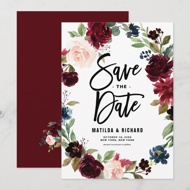 Boho Watercolor Autumn Floral Wreath Save The Date (Front/Back)