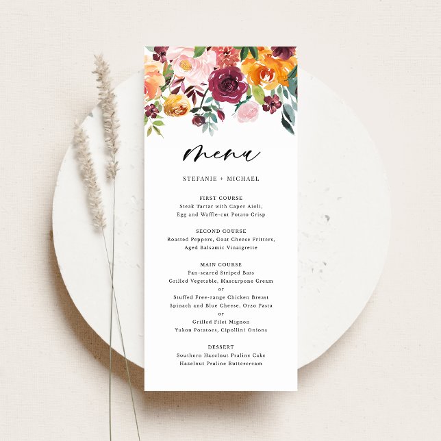 Boho Watercolor Autumn Flowers Fall Wedding Menu (Creator Uploaded)
