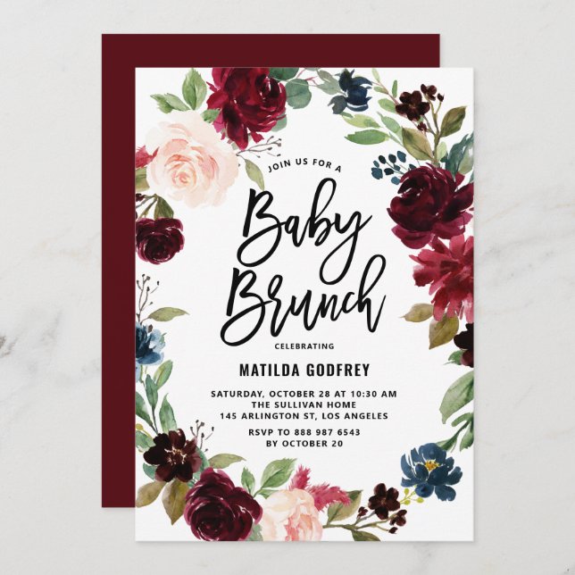 Boho Watercolor Autumn Wreath Baby Shower Brunch Invitation (Front/Back)