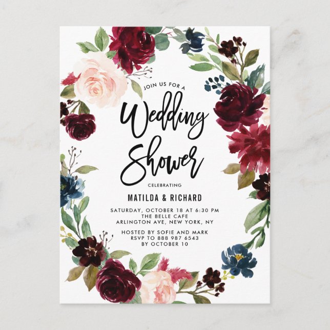 Boho Watercolor Autumn Wreath Wedding Shower Invitation Postcard (Front)