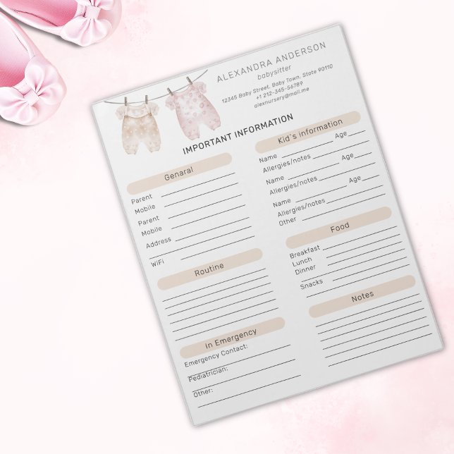 Boho Watercolor Babysitter Info Sheet Notepad (Boho Watercolor Babysitter Info Sheet Notepad)