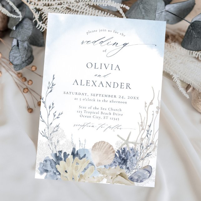Boho Watercolor Beach Elegant Blue Wedding Invitation (Creator Uploaded)