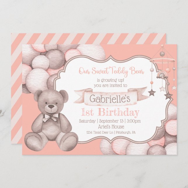 Boho watercolor bear baby birthday invitation  (Front/Back)