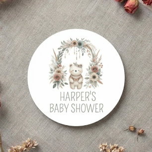Boho Watercolor Bear Baby Shower Classic Round Sticker