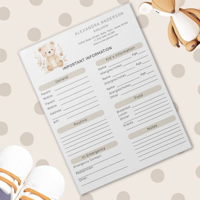 Boho Watercolor Bear Babysitter Info Sheet Notepad (Boho Watercolor Bear Babysitter Info Sheet Notepad)