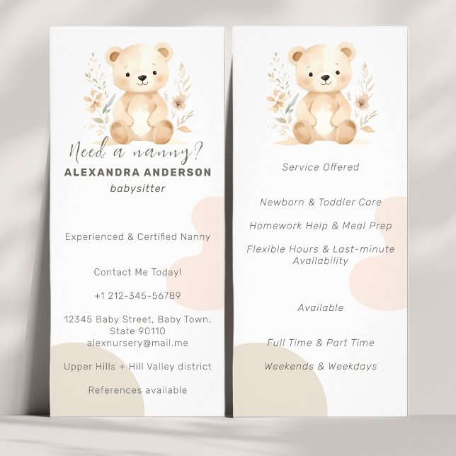 Boho Watercolor Bear Babysitter Service  Rack Card (Boho Watercolor Bear Babysitter Service Rack Card)