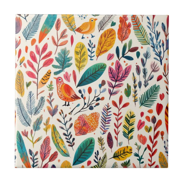 Boho Watercolor Birds – Artistic Nature-Inspired Ceramic Tile (Front)
